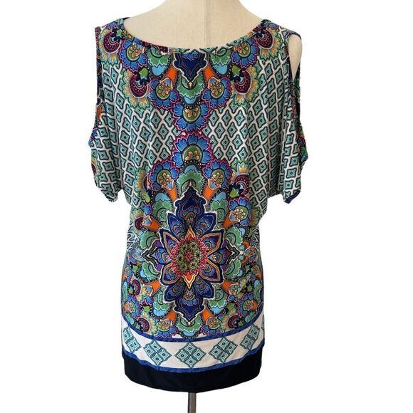 Boston Proper Paisley Boho Stretchy Cold Shoulder V Neck Short Sleeve Top M - Picture 4 of 7